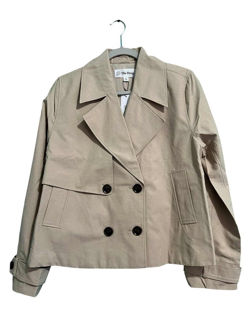 The Drop Women's Beige Double-Breasted Cropped Trench Coat